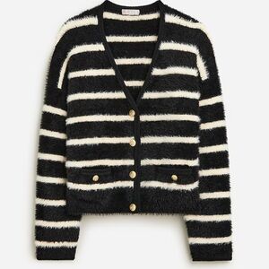 J. Crew sz M Black & cream striped furry CARDIGAN Sweater Gold buttons & pockets